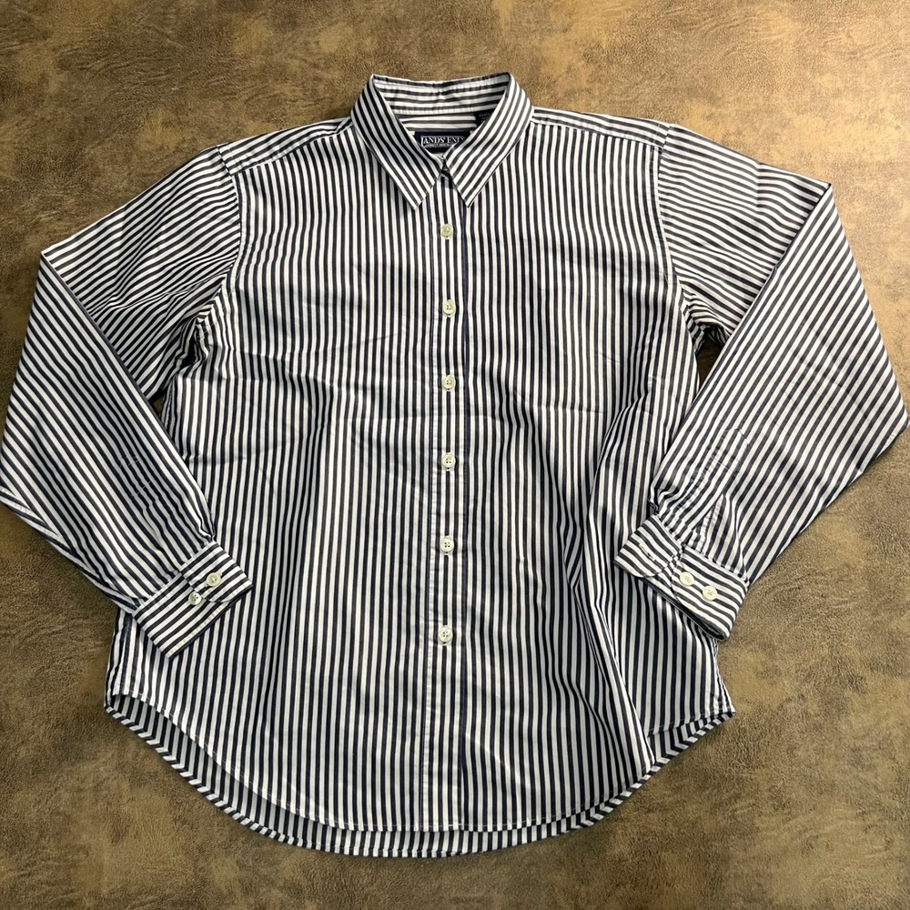 Lands End Button Down Shirt Womens 10P Blue White Striped LS Cotton Blend